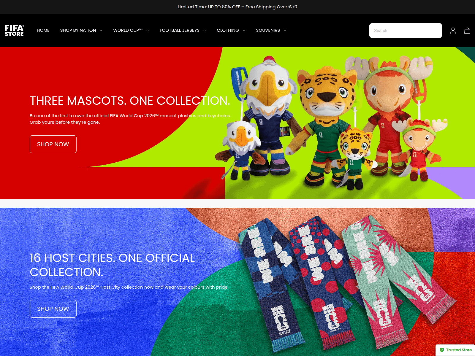 Screenshot do domínio fifaofficialstore.shop, loja falsa de merchandising FIFA