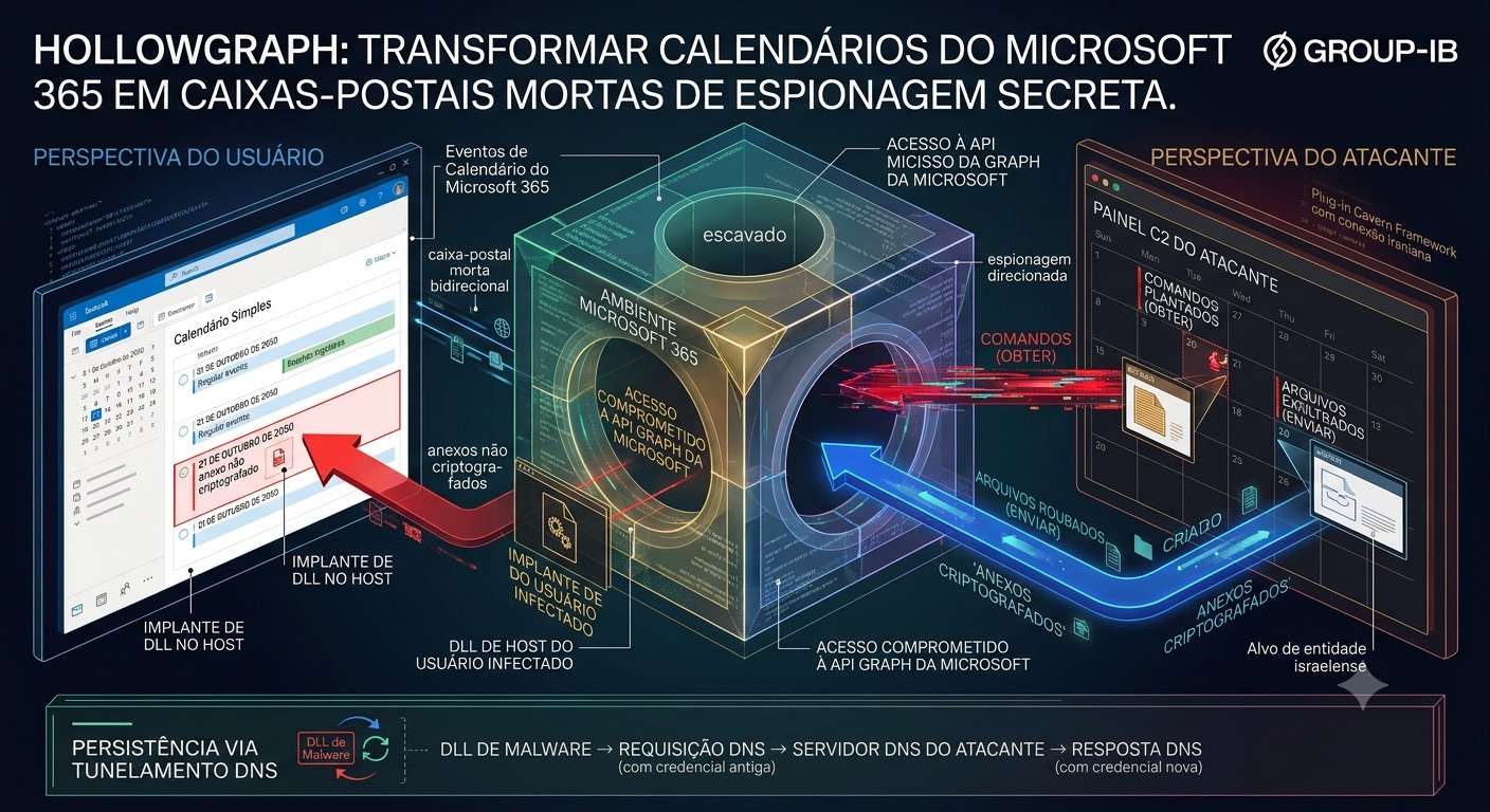 Ilustração do malware HOLLOWGRAPH a usar o calendário do Microsoft 365 como canal secreto de comando e controlo através da API Microsoft Graph