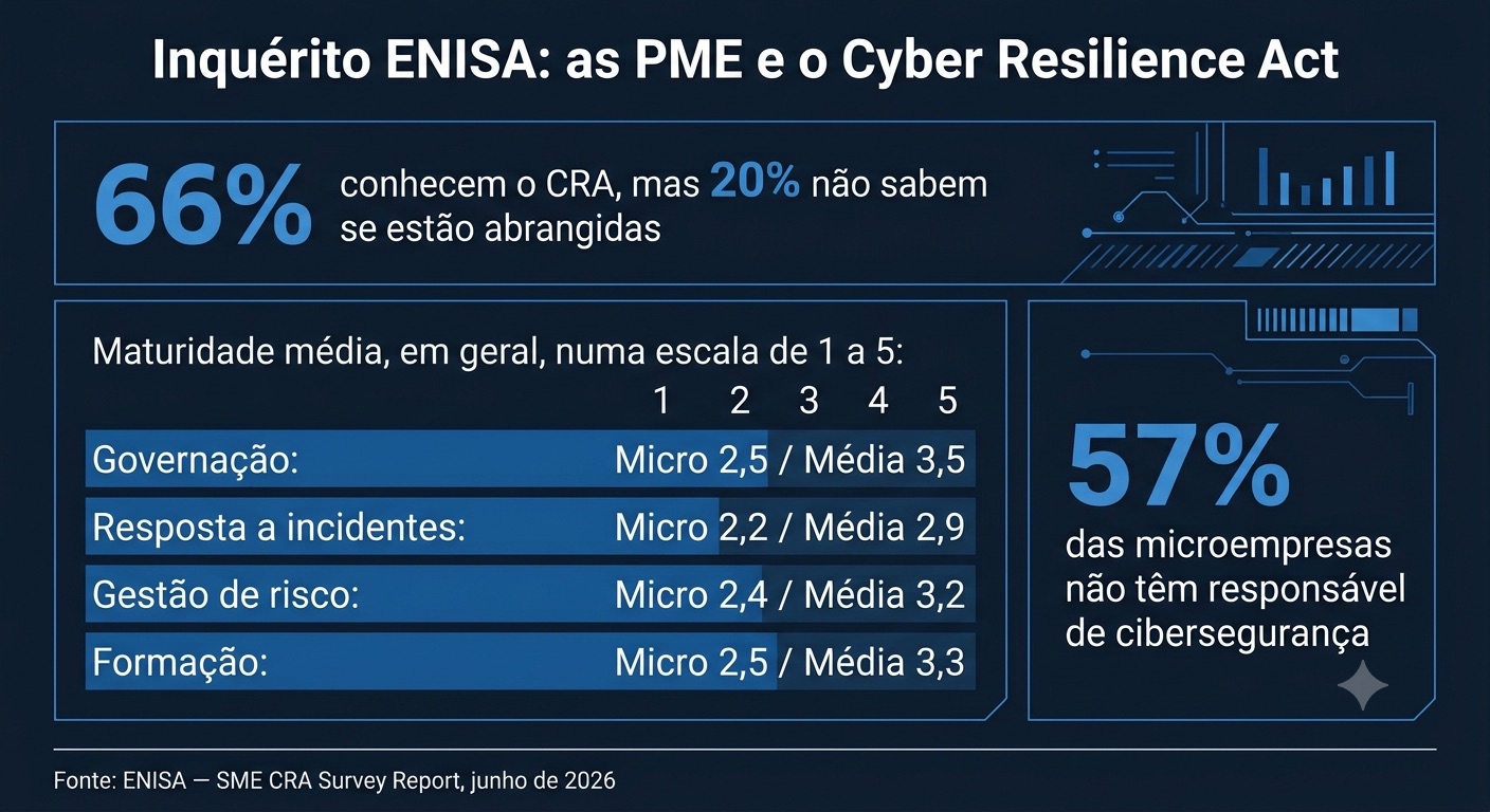 Infografia do inquérito da ENISA sobre a preparação das PME europeias para o Cyber Resilience Act, com pontuações de maturidade por dimensão de empresa