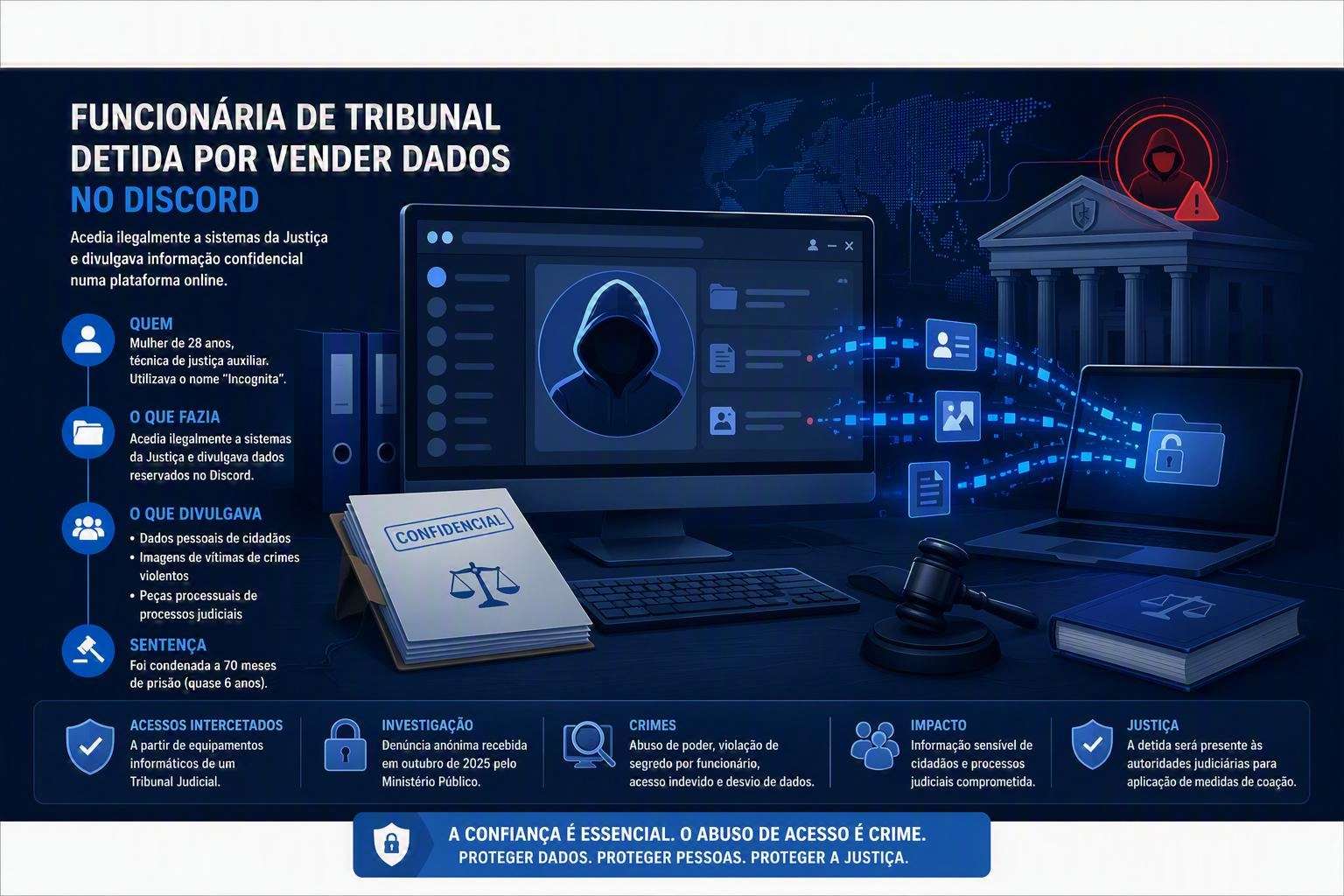 Operação Oráculo: funcionária de tribunal detida por divulgar dados de processos e imagens de vítimas no Discord