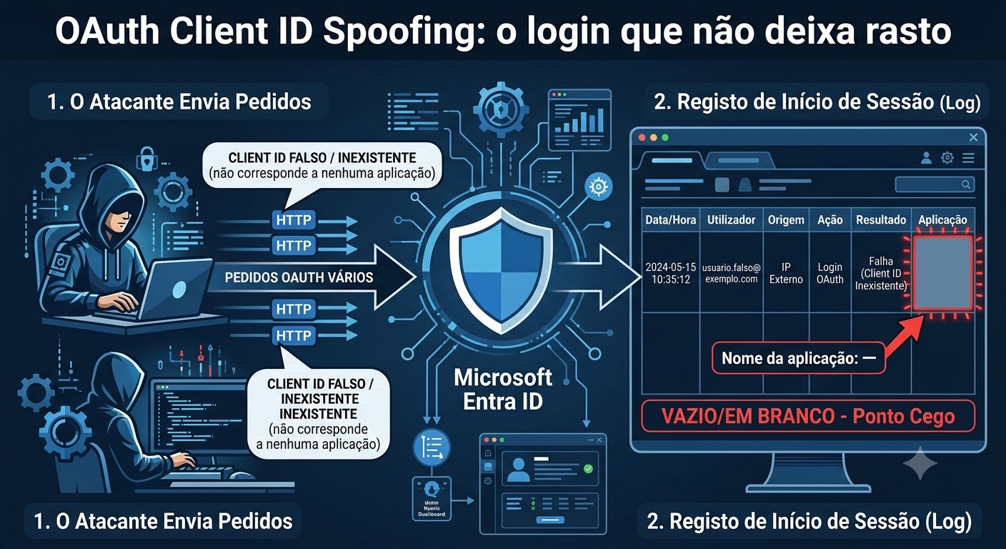 Infografia do ataque OAuth client ID spoofing no Microsoft Entra ID: pedidos com client ID falso deixam o nome da aplicação em branco no registo de início de sessão