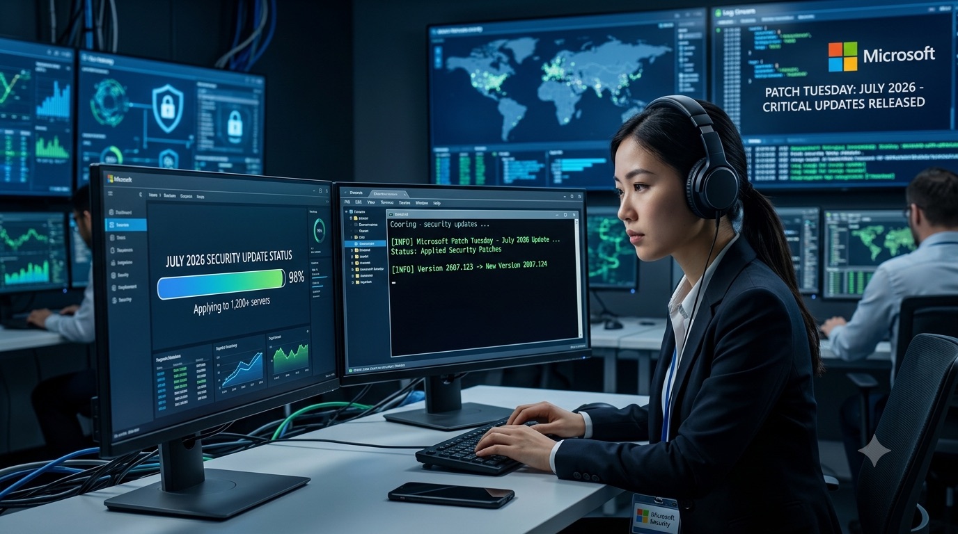 Centro de operações de segurança durante a aplicação das atualizações do Patch Tuesday de julho de 2026 da Microsoft
