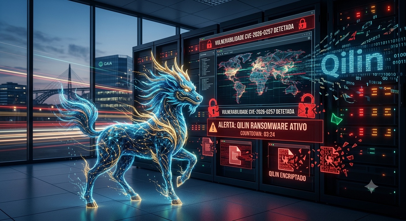 Ilustração do ransomware Qilin a explorar a vulnerabilidade CVE-2026-0257 nas firewalls Palo Alto para atacar uma rede empresarial